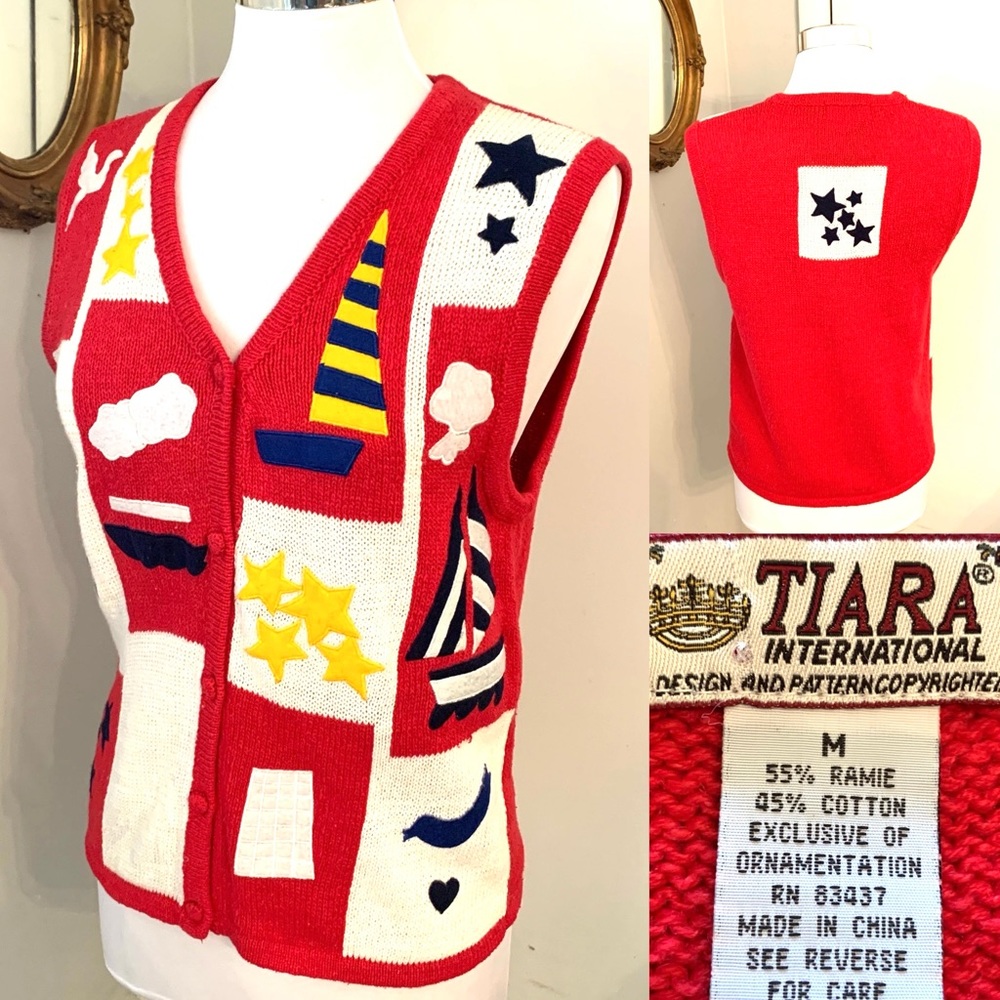Vintage Tiara Nautical Sweater vest Sailboats novelty Stars Coastal grandma